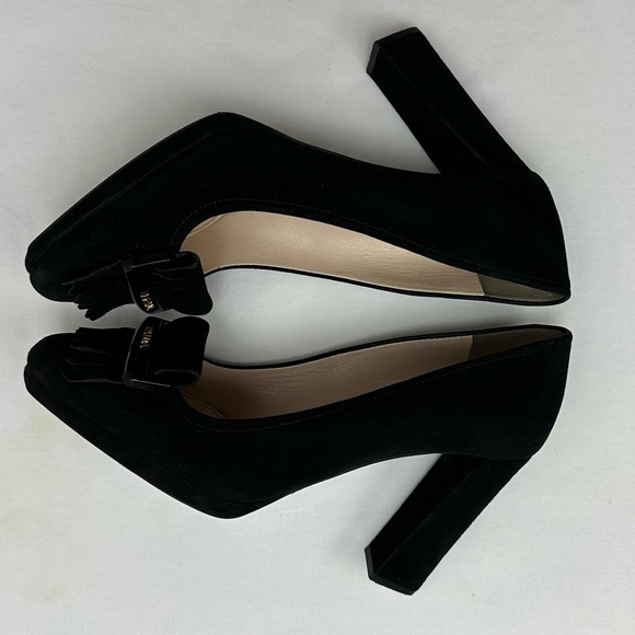 Prada Logo Black Suede Square Toe Block Heels Pumps size 38.5 - Picture 5 of 9